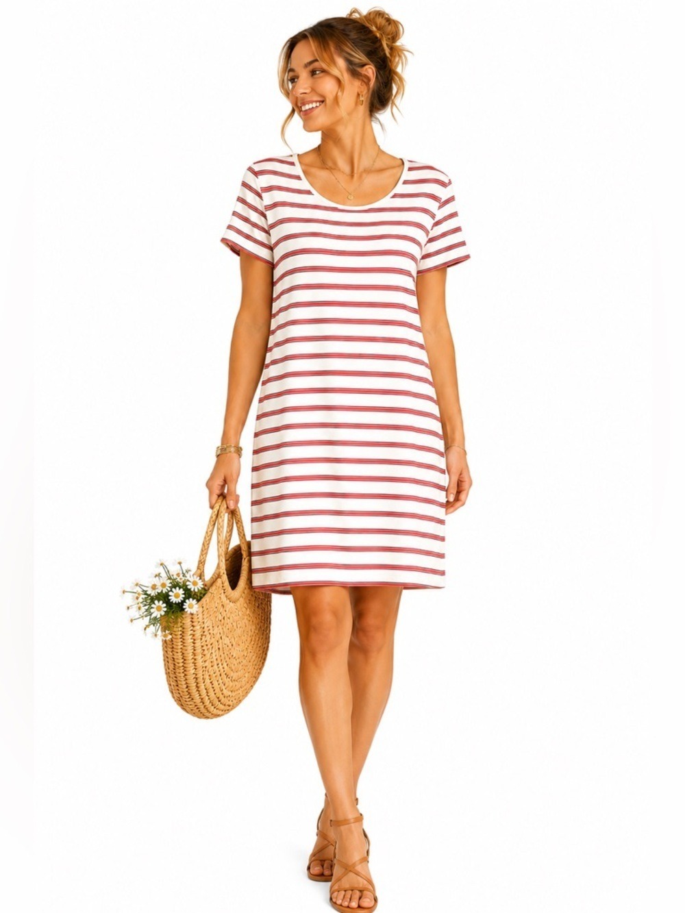 Vineyard Vines Women’s Orange Blue Striped Casual Summer MIDI Dress Medi…